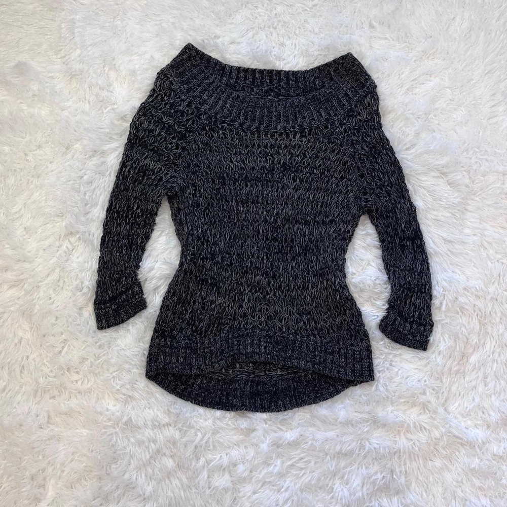Y2K Charcoal Gray Open Knit Off Shoulder Long Sleeve Sweater Small